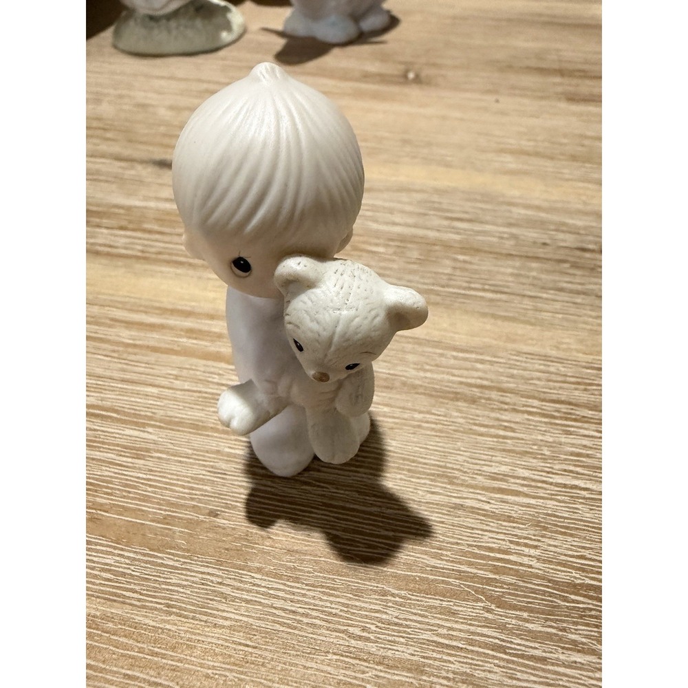 Precious Moments Boy Hugging Teddy Bear Porcelain Hand Painted Signed 1982 2.5"